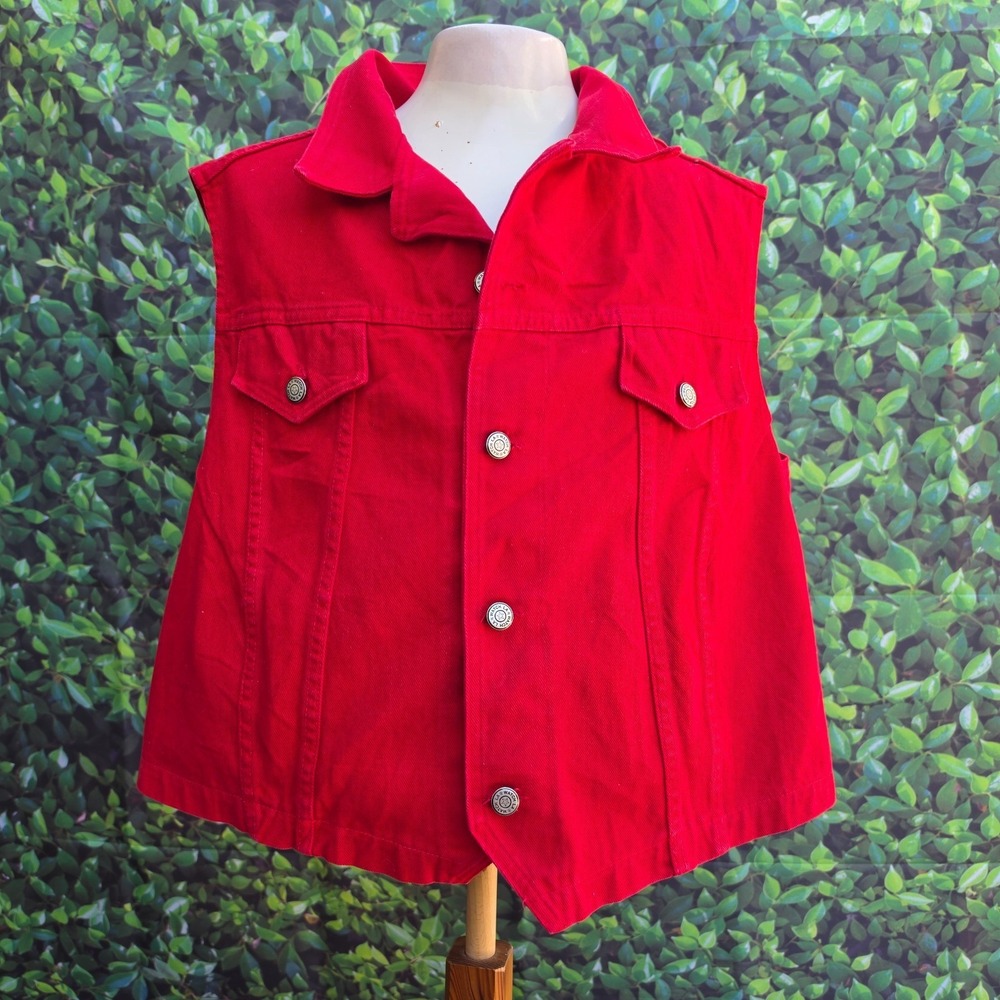 Vintage WATCH L.A. Red Denim Vest Womens 4XL USA Made Cotton Button Front